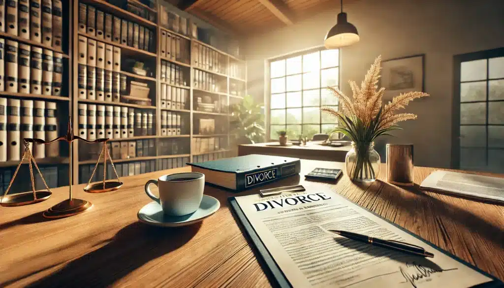 A wide angle, photo-realistic, cinematic image with summer vibes. The scene shows a law office with warm, natural light streaming through the windows, creating a calm and inviting atmosphere. On a desk, there are divorce documents, a legal pad, and a cup of coffee, with a clear focus on the concept of understanding alimony and spousal support in Texas. The background features shelves with legal books and plants, symbolizing the legal process. The image evokes the complexity of divorce, alimony, and spousal support, with an emphasis on professionalism and clarity.