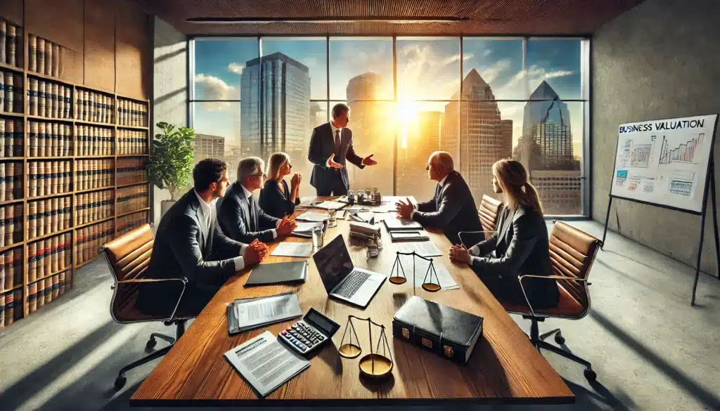 A wide-angle, photo-realistic, cinematic image with summer vibes, depicting a tense business valuation dispute in a modern Texas law office. A business owner and their spouse sit on opposite sides of a conference table, engaged in a heated discussion with their respective attorneys. A financial expert is presenting valuation reports on a laptop screen, while documents, calculators, and legal files are spread across the table. Sunlight streams through large windows, highlighting a Texas skyline in the background, emphasizing the high-stakes nature of the business valuation dispute.