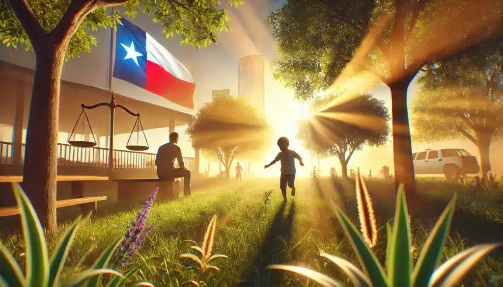A photo-realistic, cinematic wide-angle image with summer vibes, illustrating the concept of 'best interest of the child' in parental rights cases. The image shows a child playing joyfully in a park, with a parent watching over them from a short distance, symbolizing care and protection. The scene is bathed in warm sunlight, with soft golden hues highlighting the lush greenery and a clear blue sky. The atmosphere evokes feelings of safety, nurturing, and the importance of ensuring the child's well-being in legal decisions. Subtle elements of Texas, such as a lone star or Texas flag in the background, are incorporated to reflect the location.
