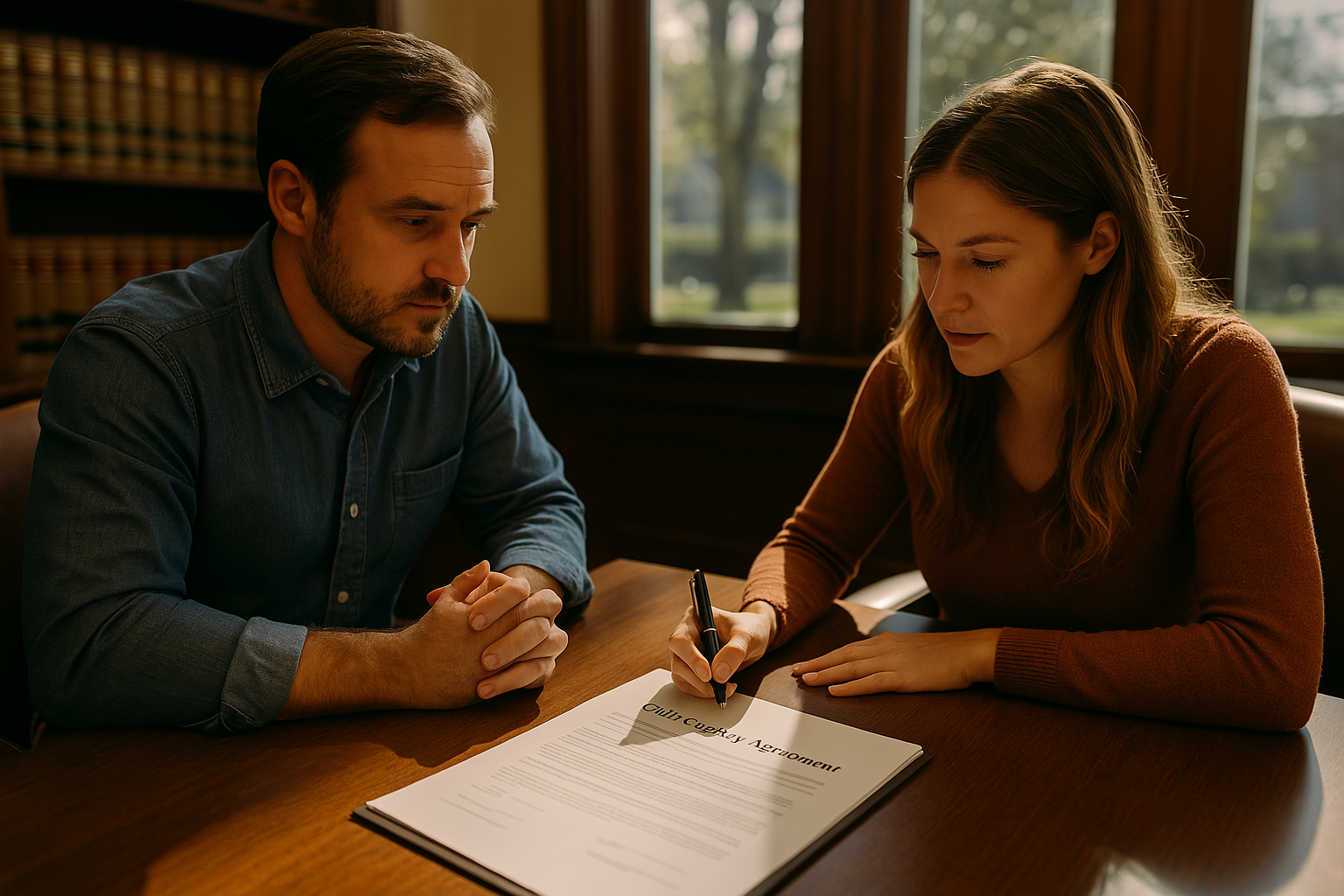 An image showing two parents discussing a child custody agreement.