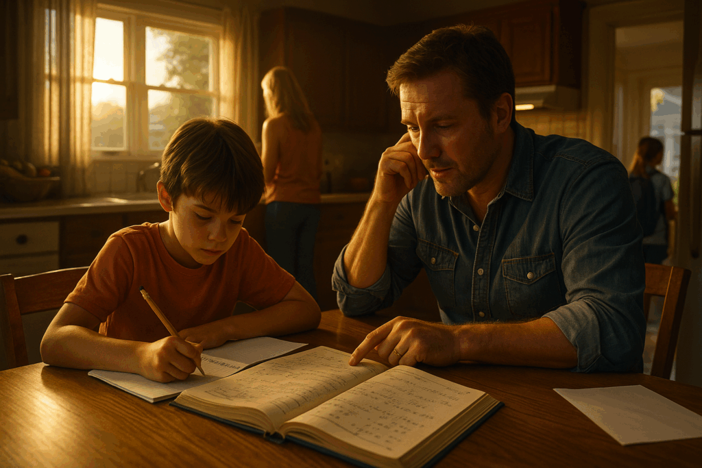 A father helps his son with math homework at the dinner table while the mother cooks in the background, capturing a moment of post-divorce co-parenting in Texas.