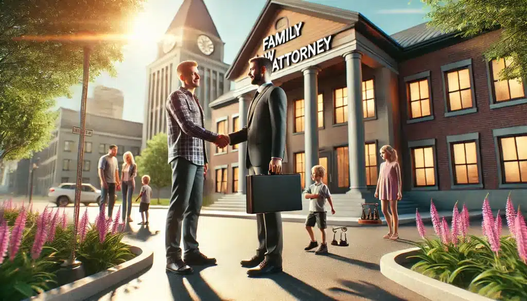 A wide-angle, photo-realistic, cinematic image illustrating the importance of working with a family law attorney in custody cases. The scene is set on a sunny summer day outside a law office, where a father and his family law attorney are shaking hands in front of the building, symbolizing their partnership. In the background, a courthouse and families are visible, subtly indicating the connection to custody cases. The father looks relieved and hopeful, while the attorney exudes professionalism and support. The lighting is bright and natural, capturing a warm, inviting summer atmosphere that contrasts with the seriousness of the legal matter.