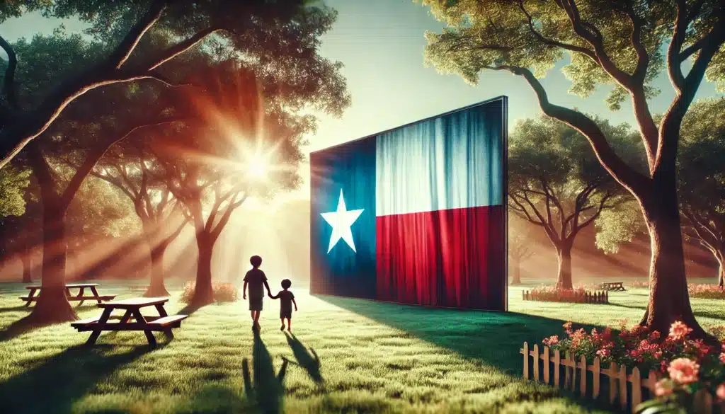 A wide-angle, photo-realistic, cinematic illustration depicting the concept of parental rights in Texas, captured with summer vibes. The image features a symbolic representation of the parent-child relationship in a serene park setting, with a parent and child holding hands, standing in front of a large Texas flag subtly blended into the background. The scene includes soft sunlight filtering through trees, lush green grass, and a sense of warmth and security, emphasizing the legal and emotional connection between parent and child.