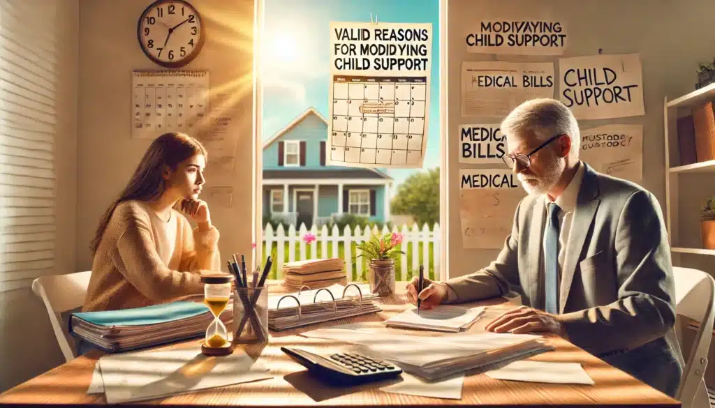 A wide-angle, photo-realistic, cinematic image with summer vibes depicting valid reasons for modifying child support. The scene shows a parent sitting at a table covered with financial documents, medical bills, and custody paperwork, looking concerned while reviewing them. A lawyer is present, providing guidance. In the background, a calendar and a court document symbolize the legal process. The setting is a bright, sunlit room with a view of a suburban Texas neighborhood, evoking a warm and inviting atmosphere.