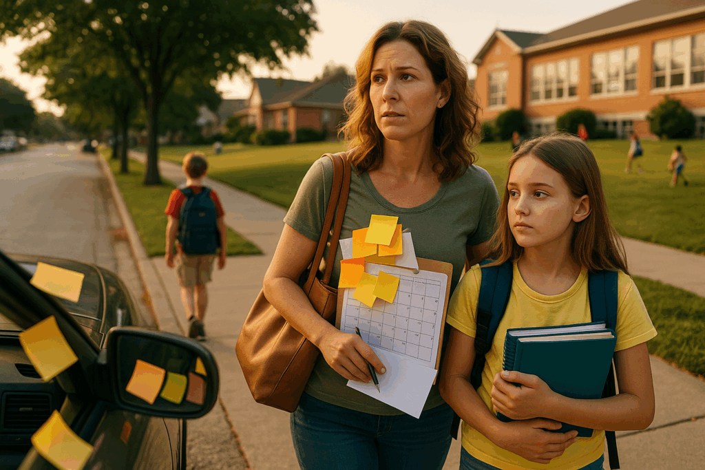A mother and daughter walking near a school with sticky notes and a calendar, illustrating the challenges of parenting during divorce