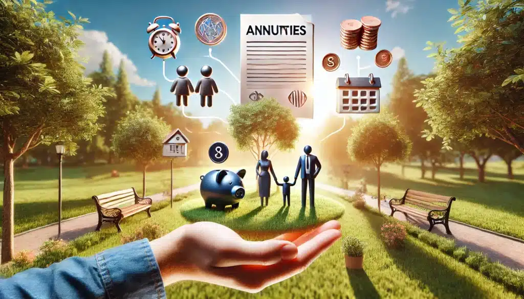 A wide-angle, photo-realistic, cinematic image with summer vibes illustrating the benefits of annuities in child support. The scene shows a sunny, inviting park with a symbolic representation of financial stability. A family or child holds a document representing annuities, with icons like a piggy bank, calendar, and coins symbolizing long-term financial planning and security. The background features lush green trees and a clear blue sky, evoking a sense of peacefulness and reassurance that annuities can provide consistent support over time.