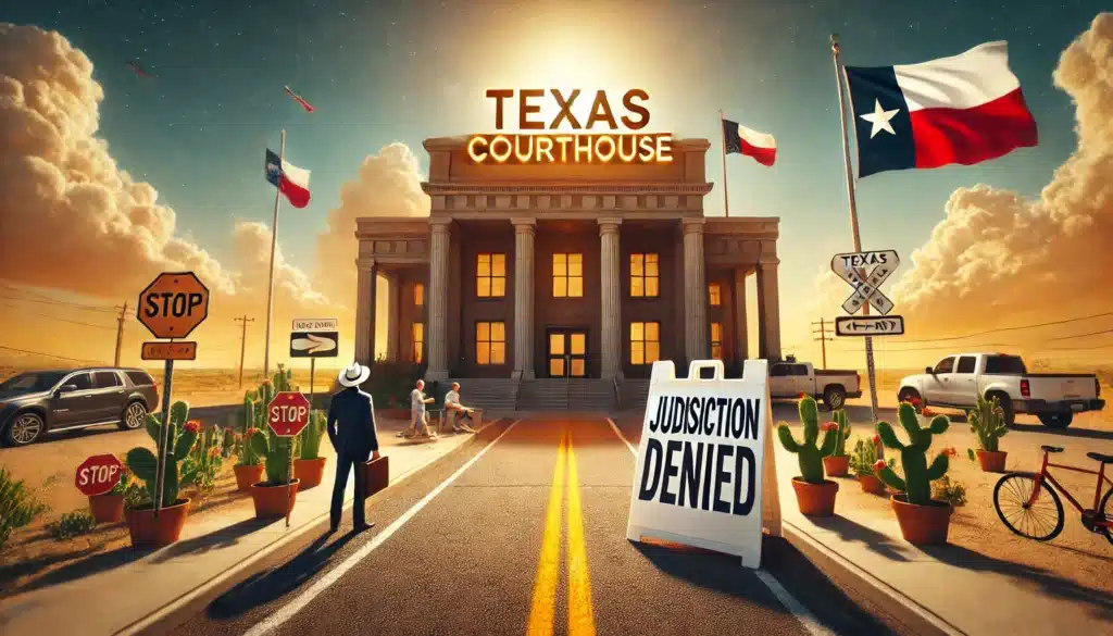 A wide-angle, photo-realistic, cinematic image with summer vibes. A symbolic representation of scenarios where Texas courts may lack personal jurisdiction. The scene features a Texas courthouse under a bright summer sky, but with a large ‘Jurisdiction Denied’ sign in front. A frustrated individual holding legal documents stands outside the courthouse, looking toward another state in the distance. A judge inside the building appears to be rejecting a case file, symbolizing the lack of jurisdiction. A road leading away from Texas represents legal cases being redirected due to jurisdictional limitations. The warm lighting and dramatic composition emphasize the complexity of jurisdictional issues in family law.