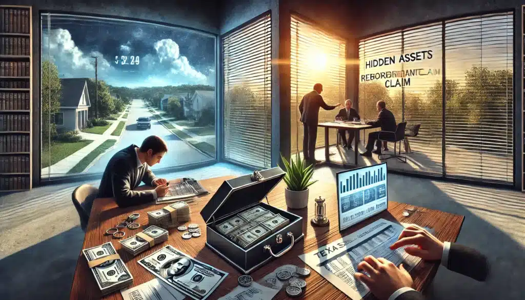 A cinematic, wide-angle, photo-realistic illustration visually representing the intersection of hidden assets and reimbursement claims in a Texas divorce. The image features a split-screen concept: on one side, a person secretly transferring money online and hiding cash in a safe, while on the other, a lawyer analyzing financial documents and a spouse pointing to a reimbursement claim on a ledger. The setting is a modern law office with large windows revealing a sunlit Texas suburban skyline, adding a summer vibe. The scene conveys tension, financial complexity, and legal investigation.