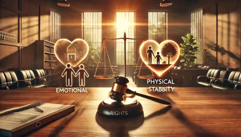 A wide-angle, photo-realistic, cinematic illustration depicting key factors judges consider in parental rights termination cases, focusing on emotional and physical aspects. The scene shows a judge's gavel and a symbolic split between emotional elements like a heart and family on one side, and physical stability such as a house and financial documents on the other. In the background, a courtroom setting with warm summer lighting and soft shadows creates an inviting yet serious atmosphere, representing the weight of the decision. The summer vibes reflect in the natural light streaming through large windows.