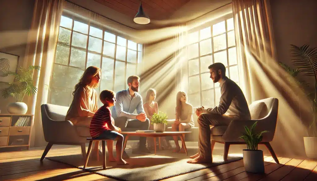 A wide-angle, photo-realistic, cinematic illustration of a family in a warm, supportive environment discussing child custody decisions. The scene is set in a calm, summery atmosphere with sunlight filtering through large windows, casting a soft glow. The family members are seated around a comfortable living room with gentle, caring expressions, creating a scene of openness and empathy. A professional, perhaps a counselor or mediator, is present, listening and providing guidance. The setting feels inviting and grounded, with a realistic summer vibe enhancing the supportive mood of the family discussion.