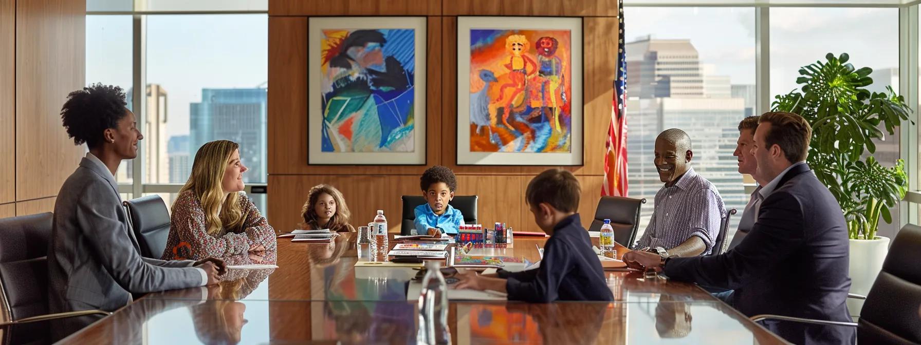 a thoughtful texas family courtroom scene captures a diverse group of professionals engaged in serious discussion around a sleek conference table, with legal documents and a child's artwork displayed prominently, embodying the complexities of determining a child's best interests in custody arrangements.