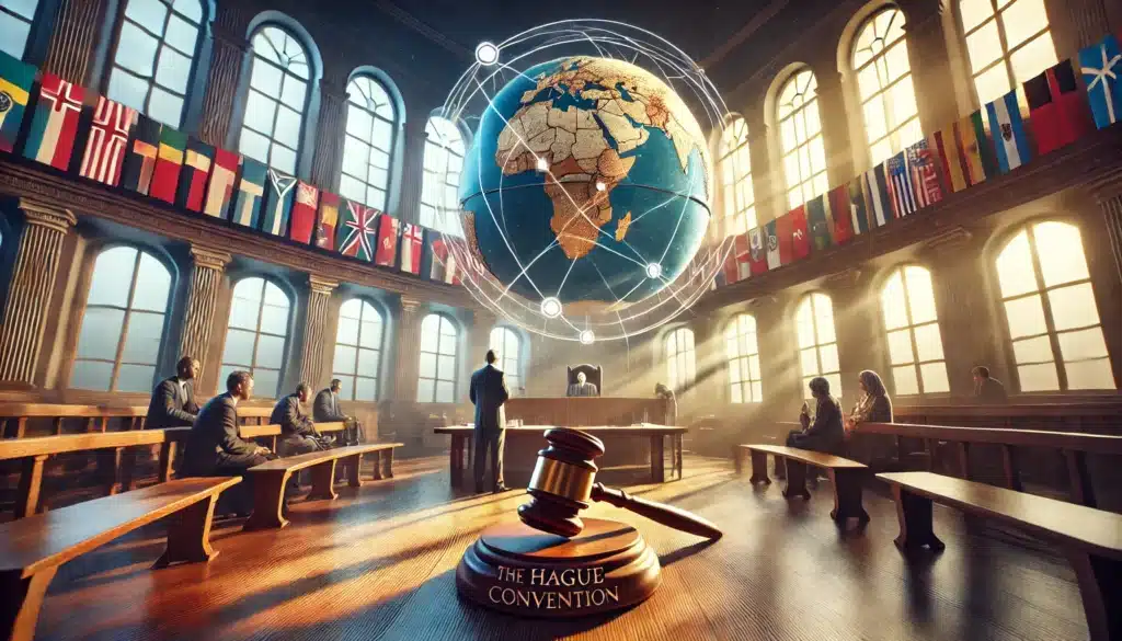 A wide-angle, photo-realistic, cinematic image representing the concept of understanding the Hague Convention on International Child Abduction. The scene shows a courtroom with a judge reviewing international legal documents while a globe and a symbolic map with travel lines connecting countries sit prominently on the desk. A lawyer stands near the bench, discussing the case, while parents sit anxiously in the background. Sunlight streams through large windows, casting a warm summer glow, emphasizing a hopeful yet serious atmosphere. Flags of various nations subtly appear in the decor, underlining the global aspect of the convention.