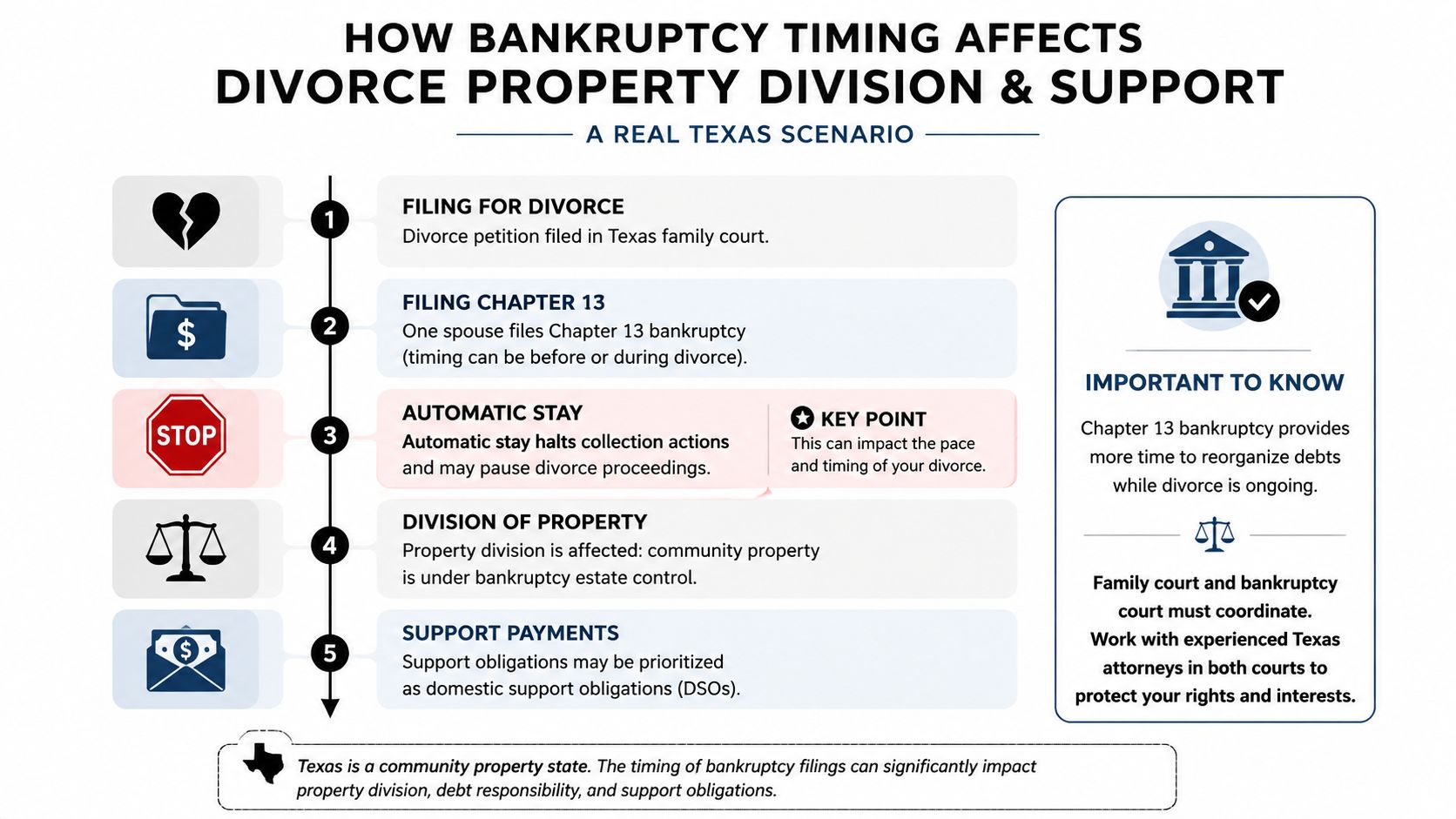 An infographic detailing the process and impact of filing for Chapter 13 bankruptcy during a Texas divorce.
