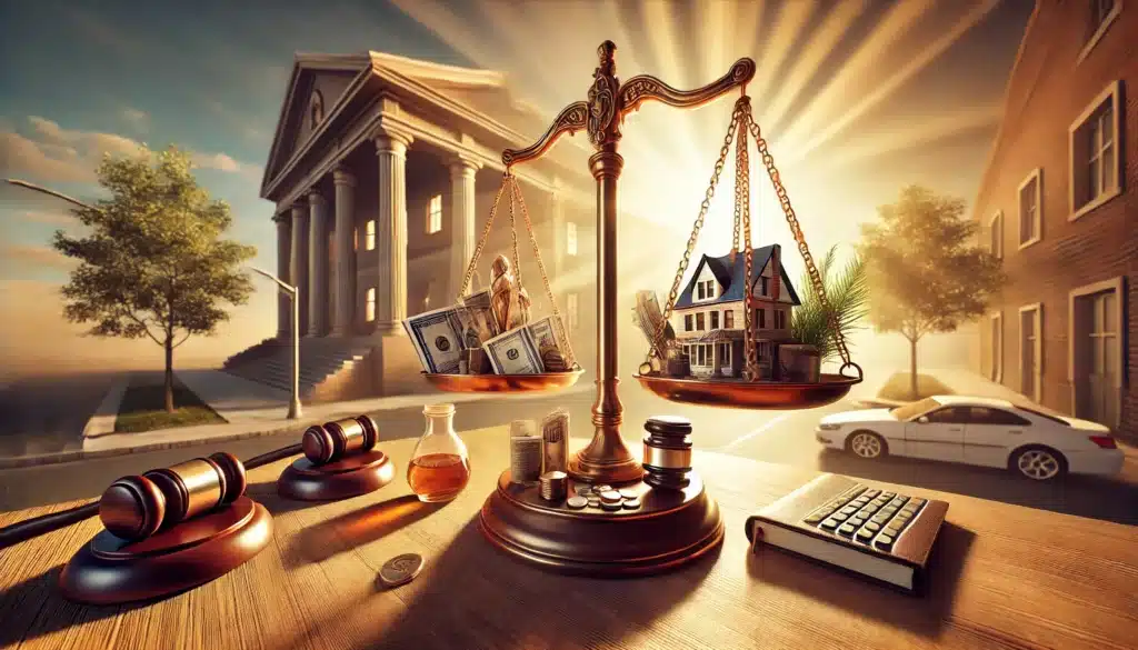 A wide-angle, photo-realistic, cinematic image with summer vibes, artistically depicting how courts determine a 'just and right' division of assets in divorce cases. The scene features a courthouse in the background with sunlight filtering through, while in the foreground, a symbolic balance scale holds various assets like a house, cash, and family photos on one side, and personal items like a book and jewelry on the other. The scales are balanced carefully, representing fairness. The warm, golden summer light casts a reflective tone, giving the image a thoughtful and balanced atmosphere.