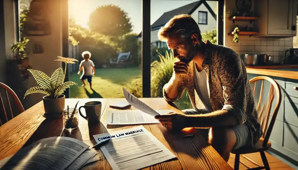A wide-angle, photo-realistic, cinematic image capturing a summer vibe. The scene features a concerned parent sitting at a wooden table, reviewing legal documents related to common law marriage and child support. Sunlight filters through a window, casting a warm glow on the papers. The parent, dressed in casual summer attire, has a focused yet worried expression. A pen and a cup of coffee sit beside the documents. In the background, a child plays outside in a yard, adding emotional depth to the scene. The setting suggests a suburban home, emphasizing the real-life impact of legal challenges.