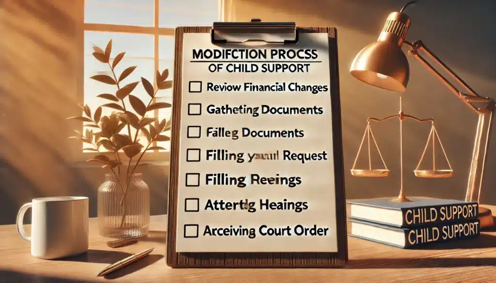 A wide-angle, photo-realistic, cinematic image with summer vibes. A visually appealing checklist for the modification process of child support displayed on a clipboard or digital screen. The checklist includes key steps like reviewing financial changes, gathering documents, filing a request, attending hearings, and obtaining a court order. The background features warm sunlight filtering through trees, creating a balanced, inviting atmosphere. The design is clean, modern, and easy to read, ensuring clarity and professionalism.