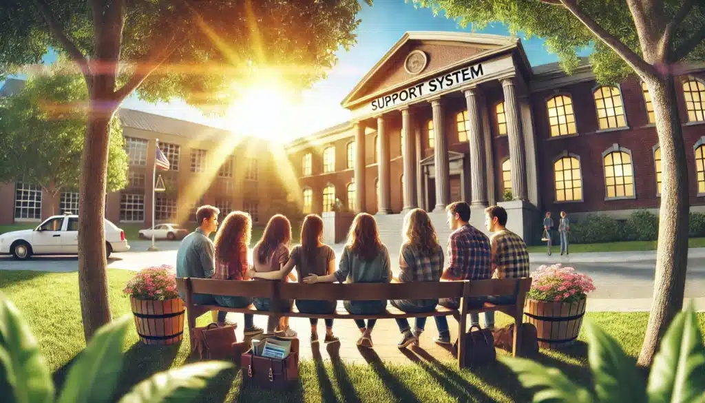 A cinematic, wide-angle, photo-realistic image illustrating support systems for parents in custody cases. The scene is set outdoors on a bright summer day, with a group of parents sitting together on a bench outside a courthouse, symbolizing a support group. The courthouse and legal documents are visible in the background. Sunlight filters through trees, casting a warm, summery glow over the group as they share and support one another. The overall tone is hopeful and encouraging, reflecting the importance of having a solid support system during custody battles.