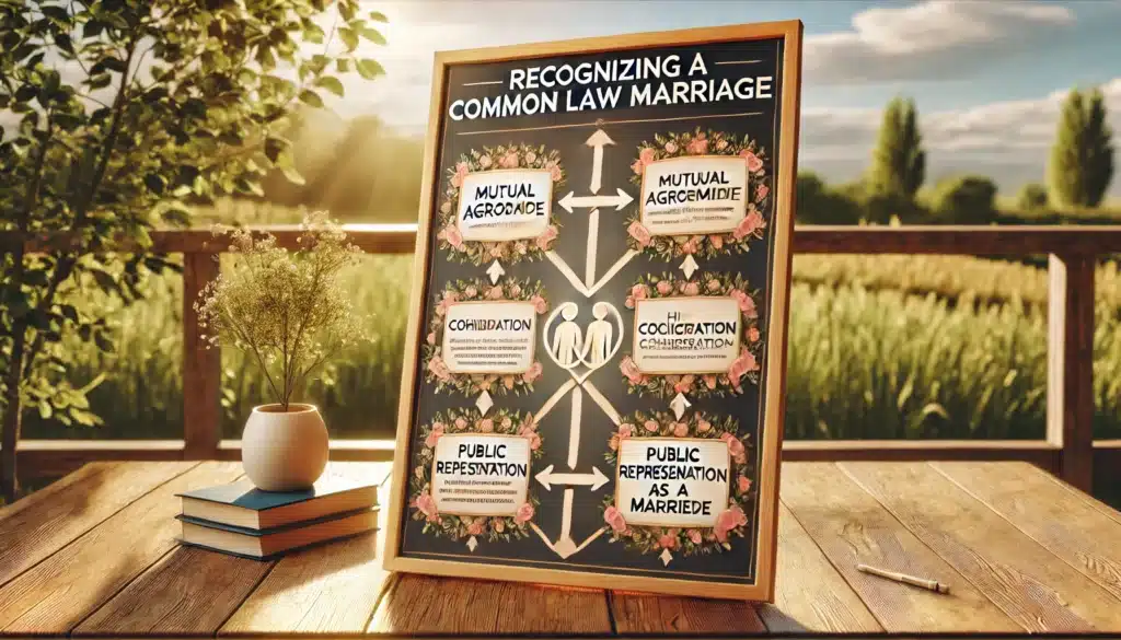 A wide-angle, photo-realistic, cinematic image of a step-by-step guide illustration for recognizing a common law marriage. The scene shows a beautifully designed poster or infographic on a wooden table, with clear, easy-to-follow steps listed. The steps include mutual agreement, cohabitation, and public representation as a married couple. The image is bathed in warm, golden sunlight, creating a peaceful, summer vibe. The background features greenery, with a calm, serene sky enhancing the relaxed yet informative atmosphere.