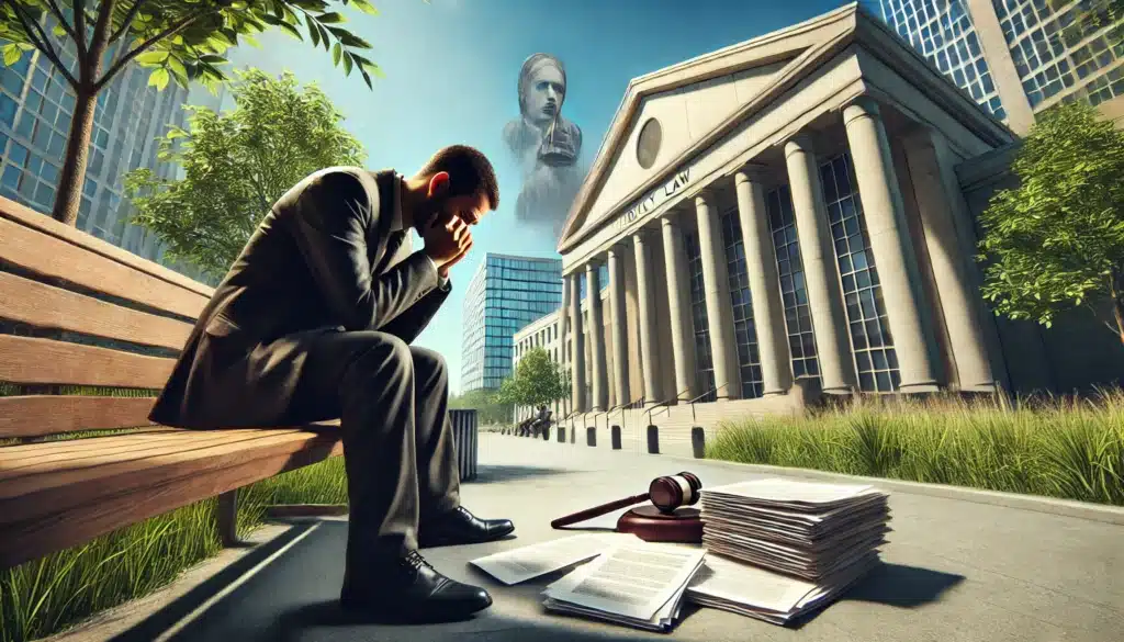 A cinematic, wide-angle, photo-realistic image symbolizing the risks of not having legal representation in family law cases. The image depicts a worried individual sitting alone outside a courthouse on a sunny summer day, with paperwork scattered on a bench beside them. The courthouse looms in the background, and the person appears stressed, unsure, and overwhelmed. In contrast, the bright summer day with clear skies and greenery creates a striking juxtaposition, emphasizing the emotional toll and the challenges of facing legal matters without proper representation.