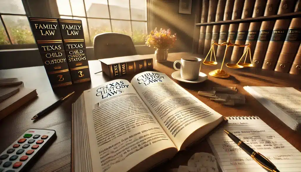 A cinematic, photo-realistic wide-angle image of a family law book open to a page about Texas child custody laws. The book is placed on a polished wooden desk with warm summer sunlight streaming in from a nearby window. The text on the page is detailed and legalistic, with highlighted sections referencing Texas custody statutes. Beside the book, there is a cup of coffee, a notepad with handwritten notes, and a pen, suggesting someone is actively studying the material. The background subtly features a blurred view of a Texas courthouse, reinforcing the legal theme. The atmosphere is professional yet inviting, emphasizing the importance of understanding child custody laws.