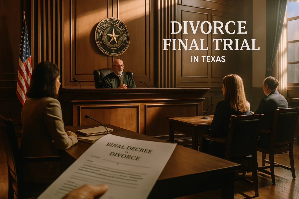 A courtroom setting for a divorce final trial in Texas.