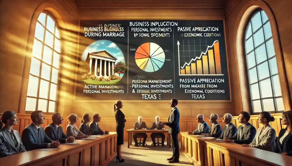 A photo-realistic, cinematic wide-angle image capturing a summer vibe. The scene illustrates factors influencing business appreciation during marriage in a Texas divorce. A visually engaging split-screen concept shows two contrasting business growth scenarios: on one side, a business thriving due to active management, personal investments, and strategic decisions by one spouse; on the other side, passive appreciation from market trends and external economic conditions. In the background, legal professionals and financial experts discuss the valuation and division of the business in a Texas courtroom setting. Warm golden sunlight filters through large windows, enhancing the professional yet intense atmosphere.