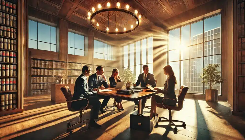 A wide-angle, photo-realistic, cinematic summer scene of experienced professionals, including family law attorneys and forensic accountants, engaged in a divorce proceeding. The setting is a sunlit, upscale law office in Texas with large windows and warm natural light. A professional team, including a forensic accountant in business attire, a family law attorney, and a client, sits at a polished wooden table reviewing financial documents and legal paperwork. The scene conveys professionalism, trust, and strategic financial planning. The atmosphere is serious but constructive, highlighting the importance of expert guidance in divorce cases.