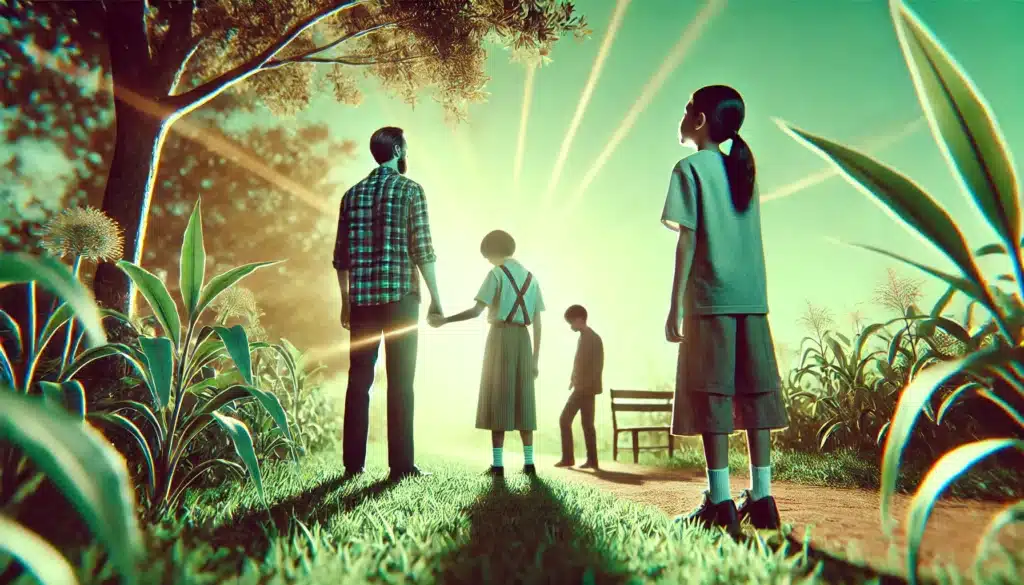 A wide-angle, photo-realistic, cinematic illustration depicting the concept of parental alienation in a family setting. The image shows a summer vibe, with a family standing in a park. One parent is seen holding the child’s hand, while the other parent stands at a distance, looking upset and isolated. The child looks conflicted, glancing back at the distant parent. The scene is set outdoors, with green grass, sunlight filtering through trees, and a bright, clear sky. The overall tone is emotionally tense, capturing the strain and separation caused by parental alienation.