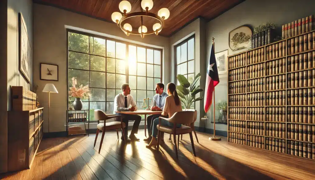 A photo-realistic, wide-angle image of parents discussing practical tips for pursuing joint conservatorship with a legal advisor in a welcoming office setting. The scene captures a professional yet relaxed atmosphere, with natural summer light streaming through large windows, creating a cinematic summer vibe. The parents and advisor are seated around a polished wooden table, engaged in a thoughtful conversation. The office features modern decor, legal bookshelves, a Texas flag in the background, and a warm ambiance that conveys trust and guidance.