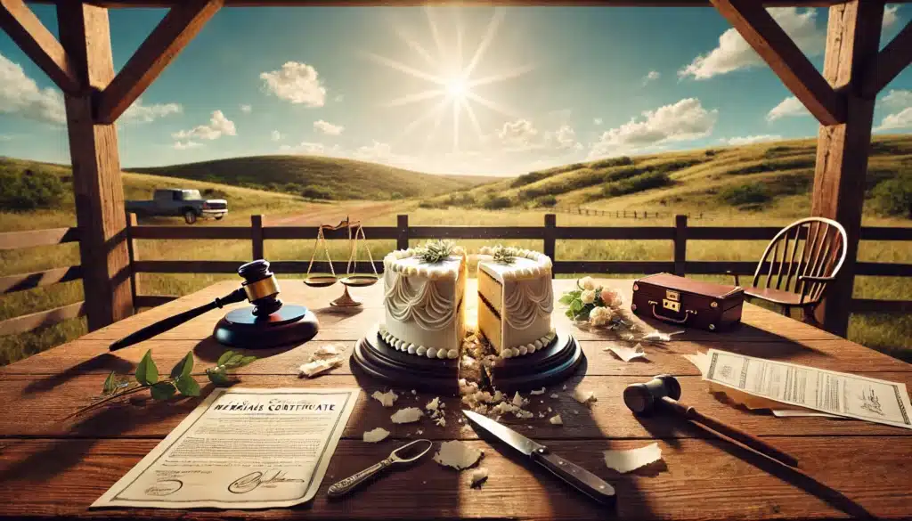 A cinematic, wide-angle, photo-realistic image with summer vibes depicting the legal consequences of a void marriage. The scene features a split wedding cake on a wooden table outdoors in a sunlit Texas setting, symbolizing division and legal separation. Around the table are a gavel, torn marriage certificate, and scattered documents. Rolling hills, clear blue skies, and a rustic fence form the backdrop, with warm sunlight creating a serene yet dramatic atmosphere that emphasizes the seriousness of the topic.