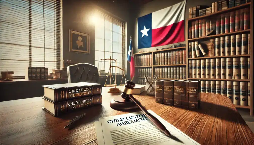 A wide-angle, photo-realistic cinematic image representing child custody laws in Texas. The scene features a legal office with a Texas flag in the background, law books stacked on a wooden desk, and a document labeled 'Child Custody Agreement' partially visible. Sunlight filters through the window, casting a warm summer glow over the room. A judge's gavel and scales of justice sit prominently on the desk, symbolizing legal authority. The image conveys a professional yet inviting atmosphere, reflecting the complexities of child custody laws in Texas.