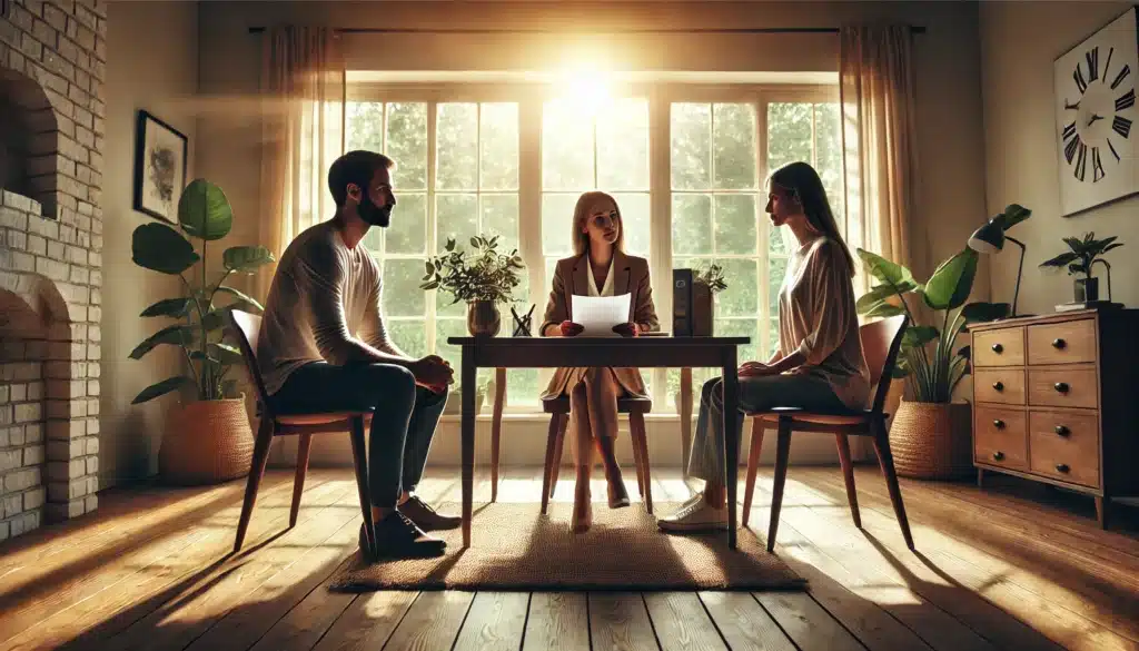 A wide-angle, photo-realistic, cinematic image representing mediation and settlement in divorce. The scene features a mediator seated between a couple, guiding them through discussions. The couple is seated across from each other at a wooden table, with soft sunlight streaming in through large windows, creating a peaceful summer vibe. The mediator is holding documents, facilitating calm, open dialogue. The setting is cozy, with subtle elements like houseplants, warm tones, and natural textures, emphasizing a neutral and collaborative environment. The overall atmosphere is one of cooperation and resolution.