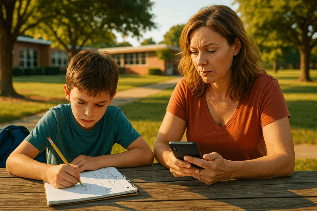 Mother helping son with math homework at a picnic table while texting, representing unmarried parents custody rights in Texas.