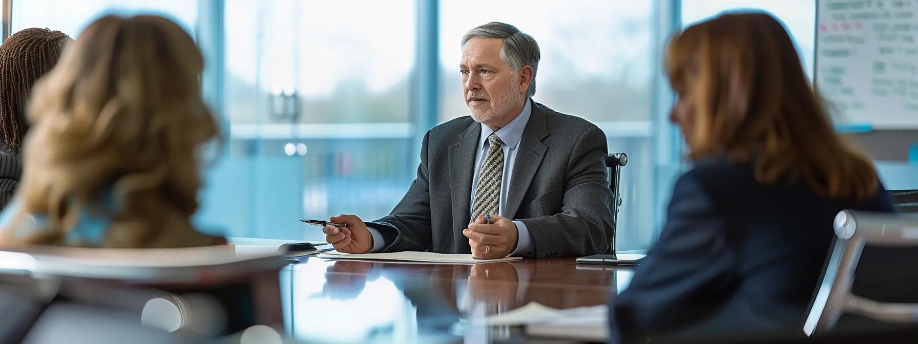 a confident mediator sits at a sleek conference table in a modern texas office, guiding a focused discussion on divorce mediation, surrounded by relevant legal documents and a clear whiteboard filled with strategic notes.