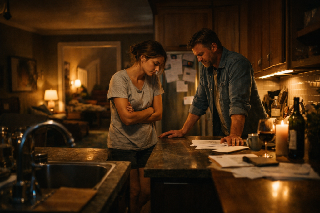 Couple in Richmond Texas kitchen having emotional late-night conversation about divorce and family changes