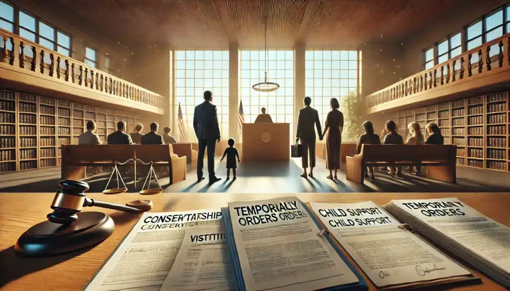 A wide-angle, photo-realistic cinematic illustration depicting the types of temporary orders in custody cases. The image shows a courtroom scene with a judge issuing different types of temporary orders, represented visually as documents on the bench labeled 'Conservatorship,' 'Visitation,' and 'Child Support.' Parents stand on opposite sides of the courtroom with the child in the middle, symbolizing the decisions being made. The summer setting is reflected in the warm sunlight streaming through the windows, creating a calm yet focused atmosphere. The image emphasizes the legal nature of temporary custody orders and their impact on the family.