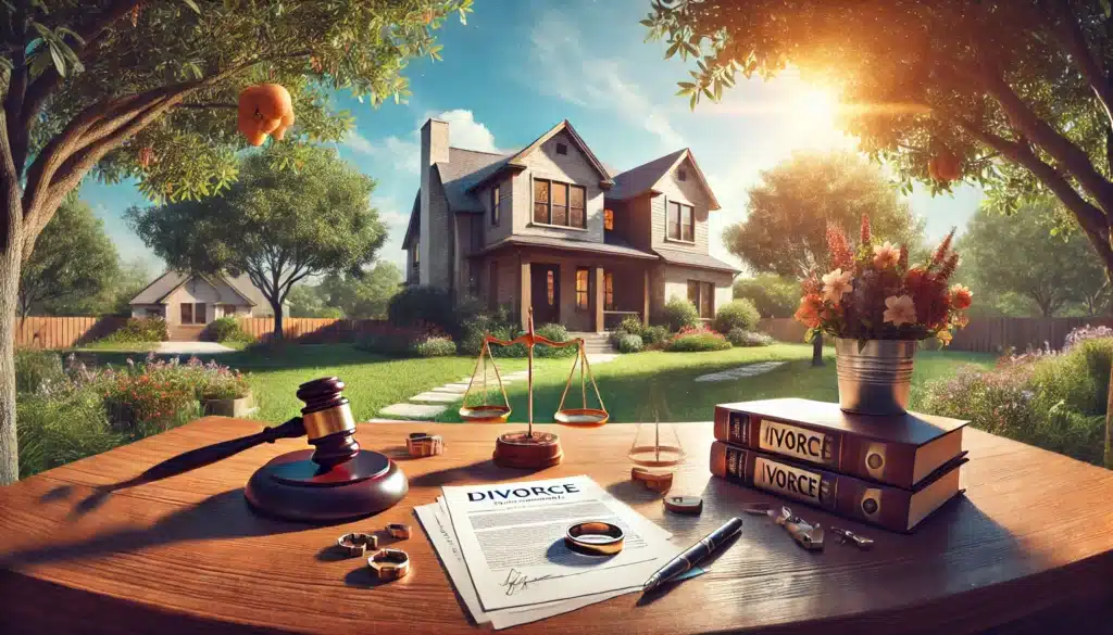 A wide-angle, photo-realistic, cinematic summer illustration depicting the process of filing for divorce in a common law marriage. The scene features a legal office desk placed outdoors under a sunny Texas sky. On the desk, there are divorce filing papers, a gavel, a scale of justice, and a symbolic broken wedding ring. In the background, a suburban Texas-style home and a serene summer landscape with vibrant greenery and flowers provide a reflective and hopeful atmosphere. The image conveys the legal and emotional aspects of the divorce process in a relatable and visually striking manner.
