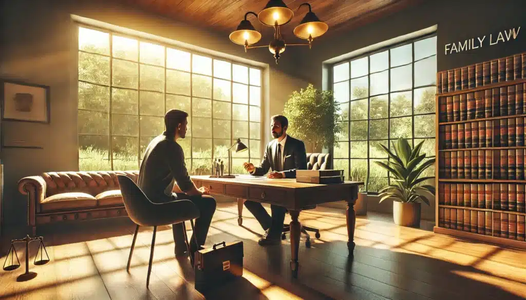 A cinematic, wide-angle, photo-realistic image of a family law attorney advising a client about paternity issues in a warm, inviting office setting during the summer. The scene includes large windows with sunlight streaming in, highlighting lush greenery outside. The attorney sits behind a desk with legal documents spread out, speaking thoughtfully to a client seated across. The client appears engaged and contemplative, holding a pen and paper. The room has a professional yet approachable vibe with wood accents and calming summer tones, emphasizing trust and collaboration.