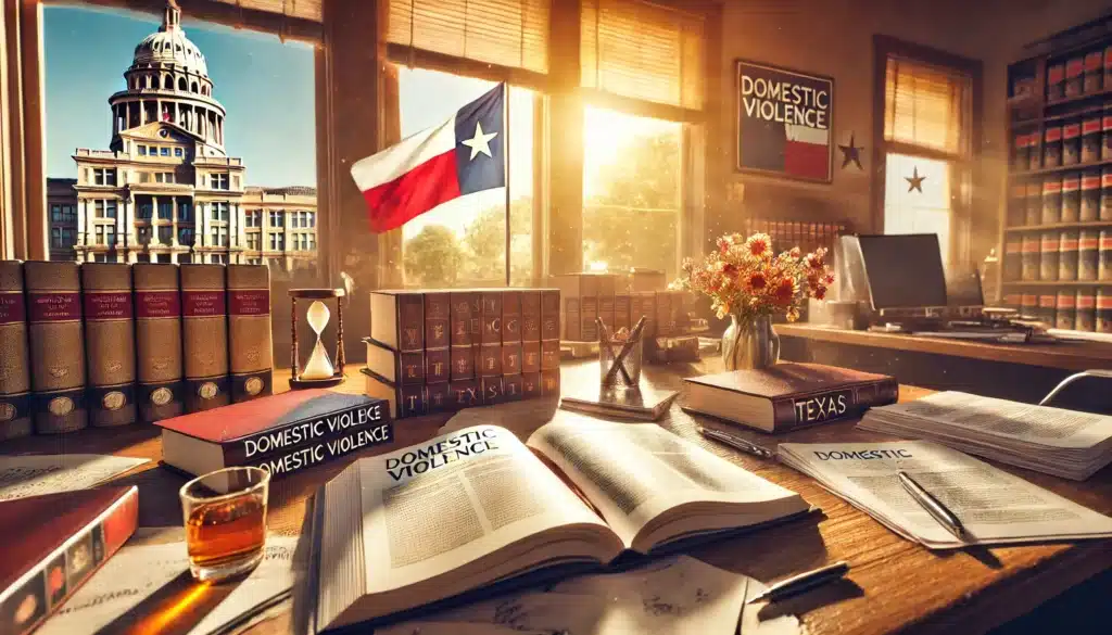 A wide-angle, photo-realistic cinematic image set in a warm summer ambiance. The scene shows a desk covered with open legal books, documents, and case files related to domestic violence law in Texas. The background features Texas-themed elements like a small Texas flag and a courthouse in the distance, adding context to the legal setting. The warm sunlight streaming in from a window gives the image a vibrant, yet serious atmosphere, reflecting the importance of understanding domestic violence laws. The image captures a professional and focused mood.