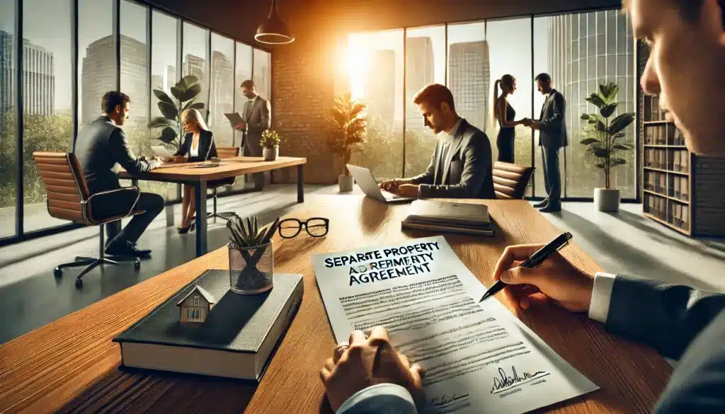A wide-angle, photo-realistic, cinematic summer scene depicting the factors that determine if a business is considered separate property in Texas. The image features a business owner sitting at a sleek office desk, reviewing financial documents and business valuation reports. A legal contract labeled 'Separate Property Agreement' is prominently placed on the desk. In the background, a divorce attorney and an accountant are discussing business valuation, symbolizing the importance of financial records. The summer sunlight streams through large windows, creating a warm yet serious atmosphere.