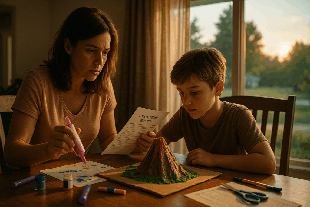 A mother and son working on a school science project at home, surrounded by glitter and papers, symbolizing parenting during divorce.