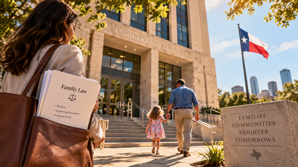 Parent preparing to modify a Texas visitation order outside a county courthouse