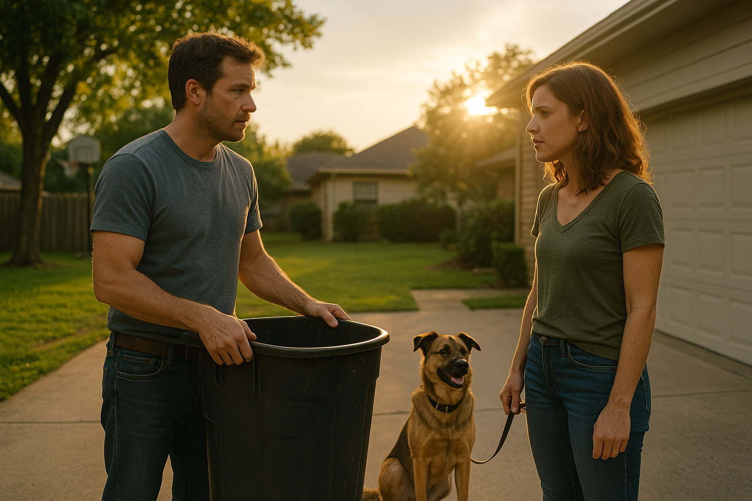 A man and woman standing in a sunny suburban driveway with a dog, symbolizing family life changes, illustrating the question “How Can I Find a Trustworthy Child Custody Attorney in Texas?”