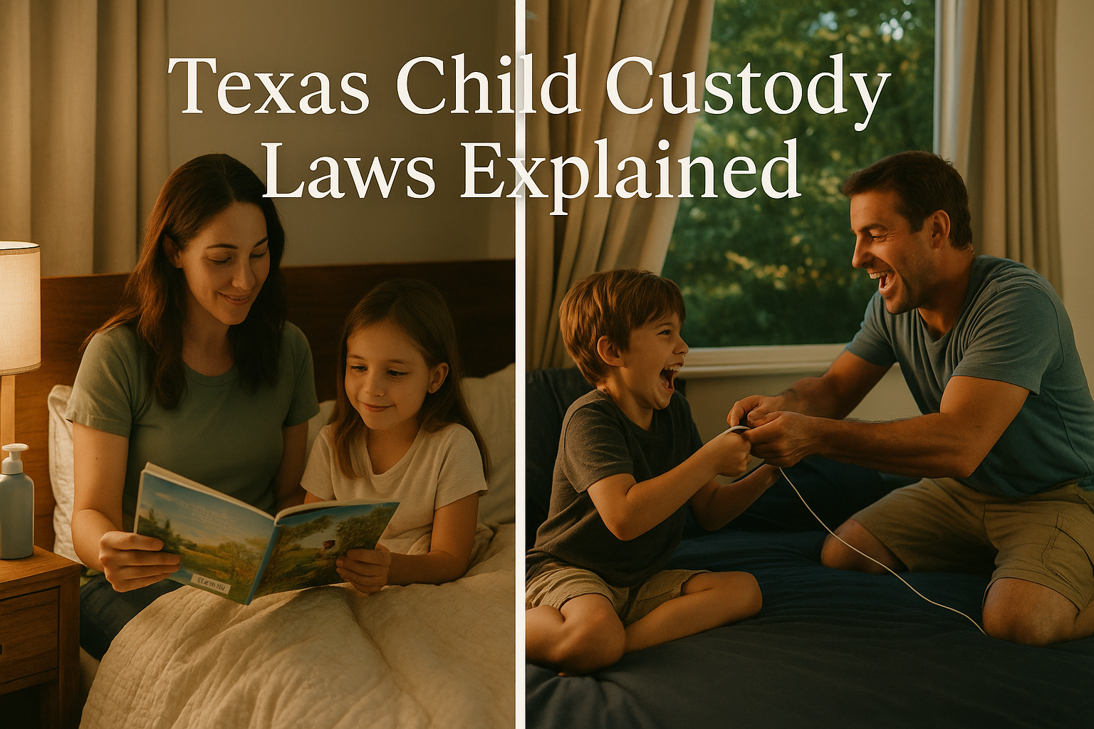 A split-scene image showing two bedtime routines in separate households—one with a mother reading to her daughter, the other with a father playfully wrestling over a tablet with his son—illustrating the emotional dynamics of co-parenting in Texas.
