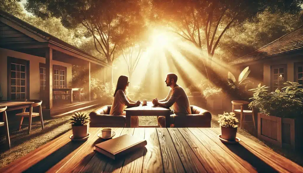 A wide-angle, photo-realistic, cinematic image capturing a serene, summer outdoor setting, symbolizing family law mediation benefits. Two individuals sit at a table in a warm, inviting environment, engaged in calm, thoughtful conversation that conveys emotional relief and harmony. Sunlight filters through trees, creating a peaceful and supportive atmosphere, with subtle details like a few legal documents on the table to represent cost-effectiveness in mediation. The scene embodies a stress-free, cost-effective approach to family law mediation with soft summer vibes.