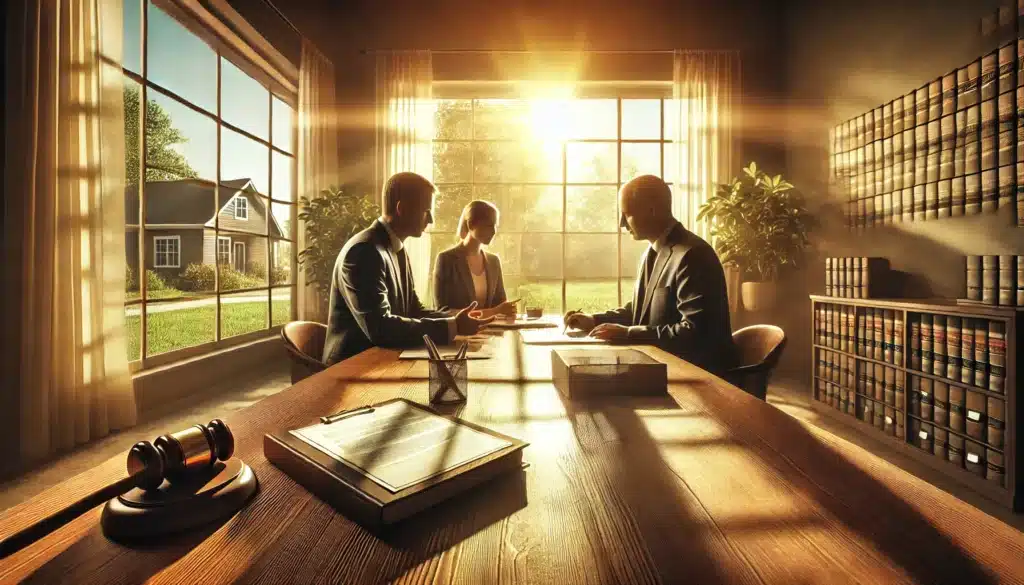 Wide-angle, photo-realistic, cinematic summer scene depicting a visual representation of the annulment process in Spring, Texas. The image features a slightly blurred consultation setting with two attorneys discussing documents across a sunlit desk. Warm summer light streams through a window, casting soft shadows and adding a welcoming atmosphere. In the background, hints of greenery and a bright, clear sky suggest a summer day outside. The scene feels professional yet approachable, capturing the collaborative and supportive environment of a legal consultation for annulment cases.