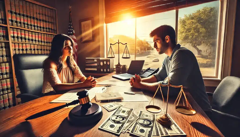 A wide-angle, photo-realistic cinematic image with summer vibes, depicting a dramatic divorce settlement discussion in a Texas law office. A frustrated spouse sits across from an attorney, reviewing financial documents and evidence of adultery. The other spouse looks anxious while a judge’s gavel and legal scales sit prominently on the desk. Sunlight streams through the window, casting a warm yet tense atmosphere.