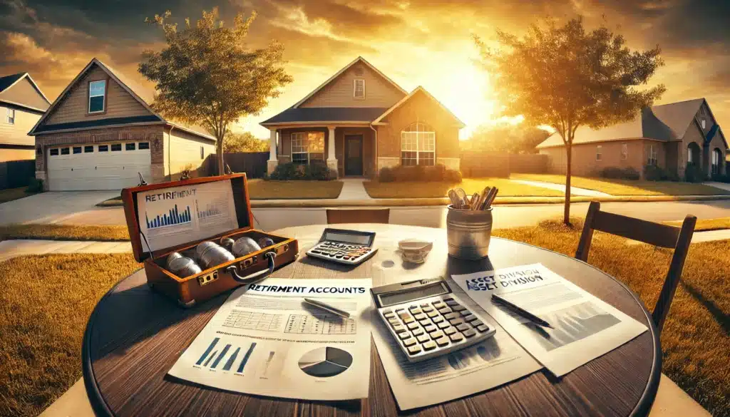 A wide-angle, photo-realistic, cinematic summer scene illustrating the considerations for retirement accounts in a, focusing on factors. The image shows a symbolic representation of retirement accounts, with documents, charts, and a calculator on a table. In the background, there are symbolic items like a house and a car to emphasize. The scene is set outdoors, bathed in warm, golden summer sunlight with a suburban Texas backdrop. The image evokes a thoughtful and balanced atmosphere, reflecting the complexity of retirement in a peaceful setting.