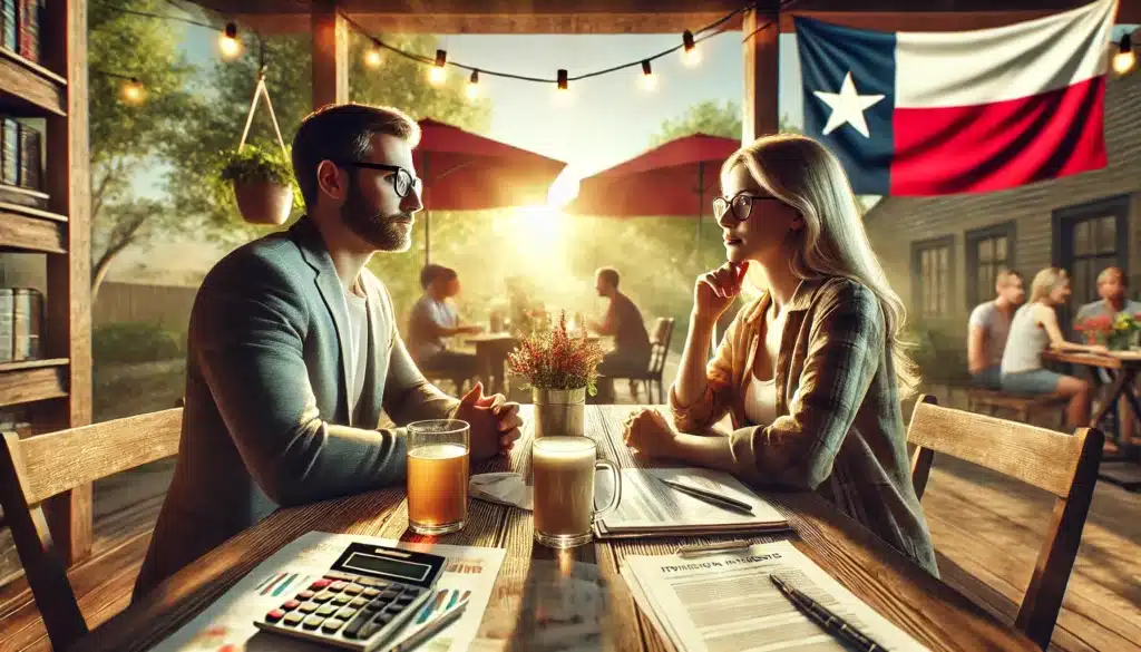 A wide-angle, photo-realistic, cinematic illustration of a couple discussing financial interests during a divorce. The couple is seated at a table outdoors in a relaxed summer setting with warm sunlight and a gentle breeze. Documents, calculators, and laptops are scattered on the table, symbolizing the division of assets and financial planning. The atmosphere is serious but calm, with subtle Texas elements like a Lone Star flag or Texas-themed decor in the background. The scene captures a moment of negotiation and reflection, with summer vibes enhancing the mood.