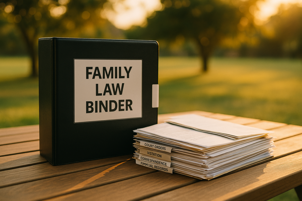 A family law binder filled with important documents for a child custody case.